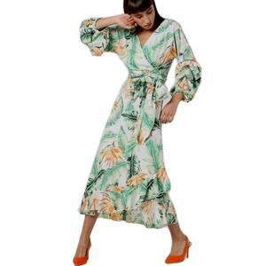 Oeuvre Maxi Tropical Wrap Dress Sz L White Floral Wedding Island Party $400